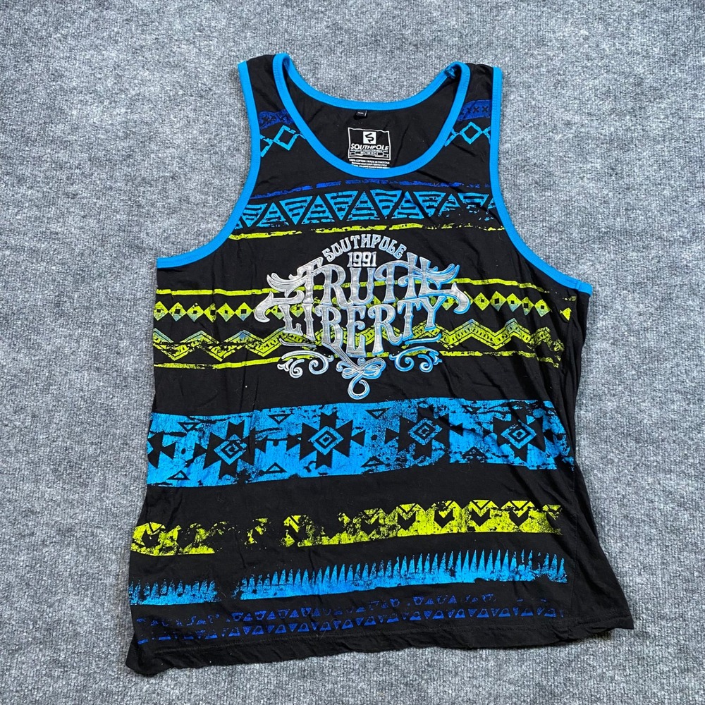 Southpole Mens XXL Graphic Tank Top Black Blue Lime Green Truth Liberty